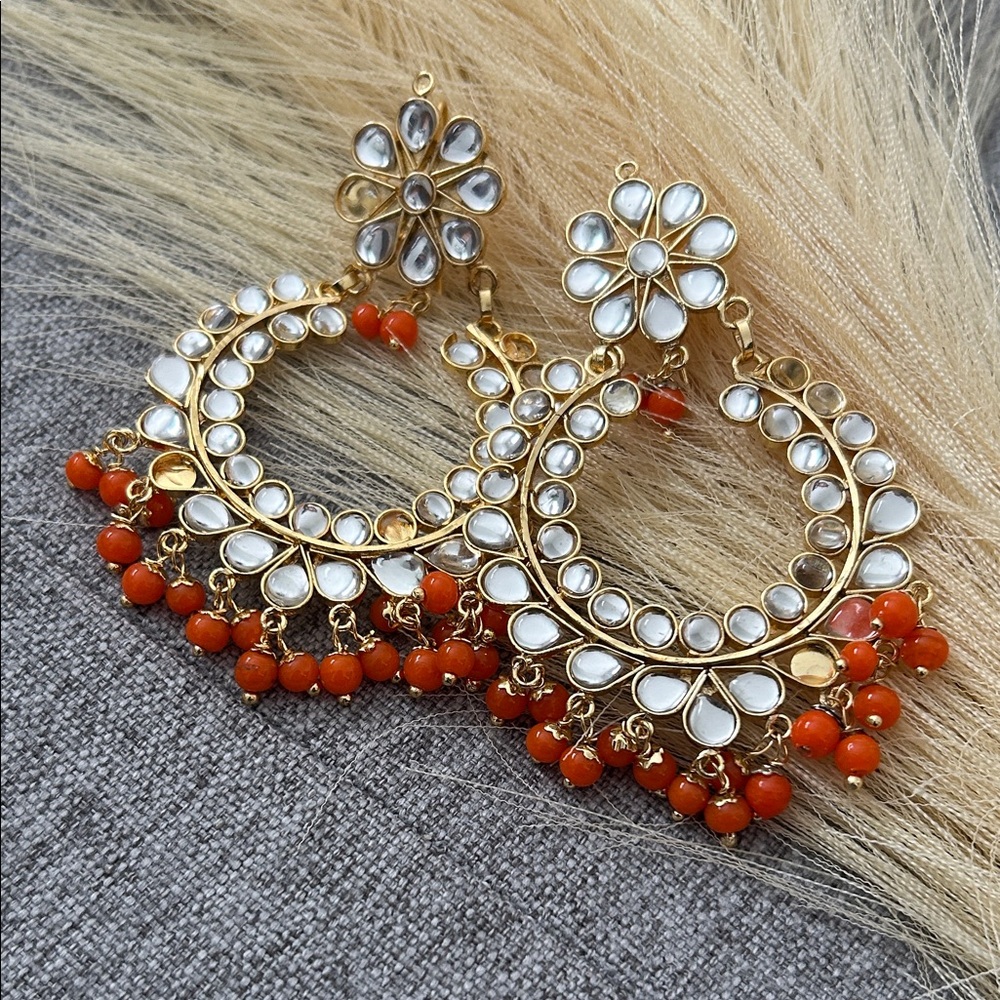 Gold and Orange Floral Hoop Earrings